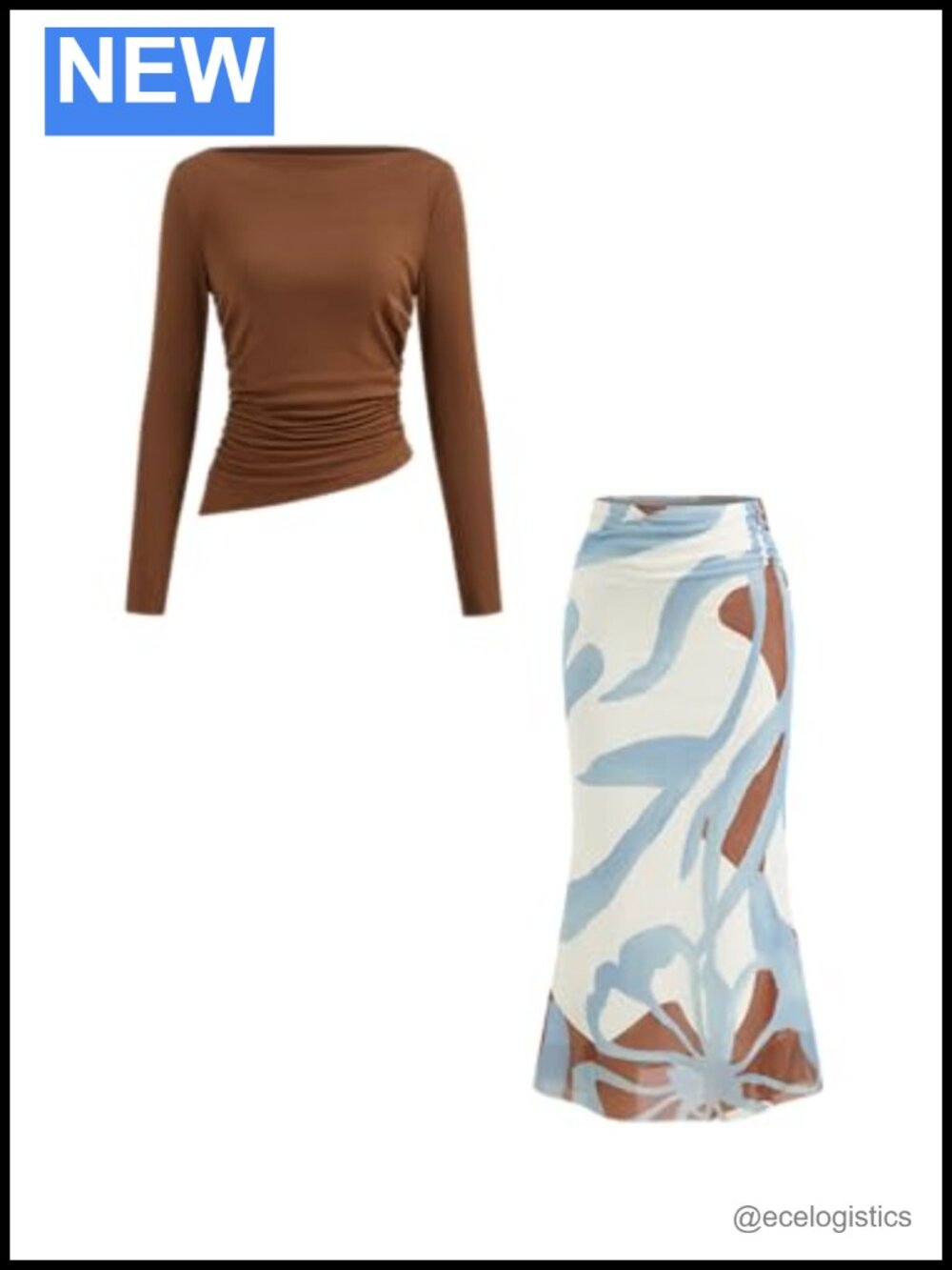 Women's Floral Print Two Piece Outfit with Ruched Long Sleeve Top and Maxi Skirt